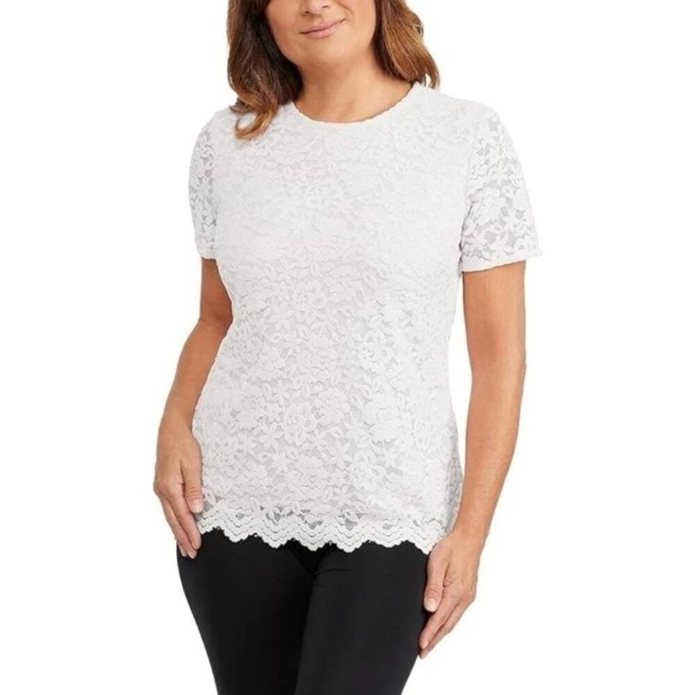 White Teddi Rose Women's XL Lace Short Sleeve Top N0939